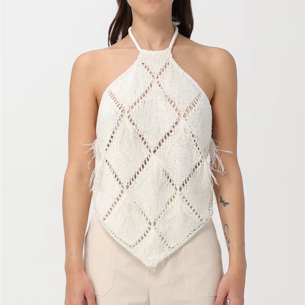 Twin-Set White Crochet Halter Top diamond feather knit indah andi bagus designer - Picture 5 of 10